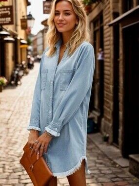 Zilcremo Women's Chambray Large Denim Button Up Shirt Dress Frayed Hem Blue